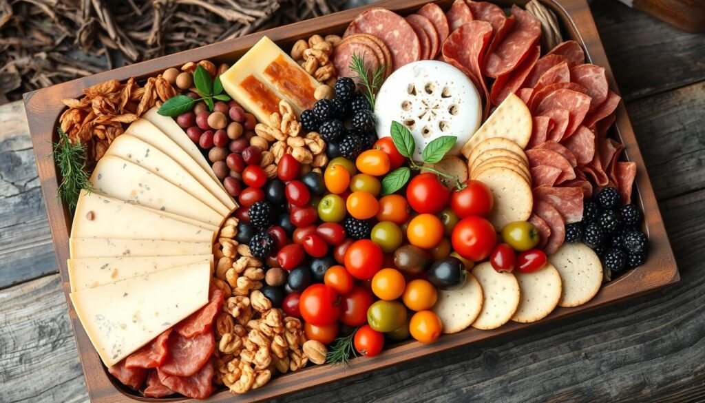 Charcuterie box with variety of ingredients